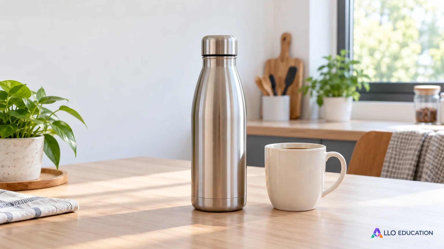 Une bouteille isotherme et une tasse évoquent deux façons de limiter ou laisser les échanges thermiques.