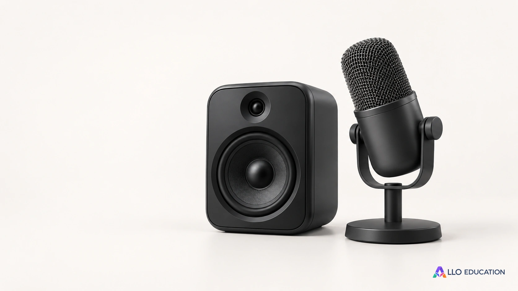 Un haut-parleur et un microphone isolés évoquent l’émission et la réception d’un son.
